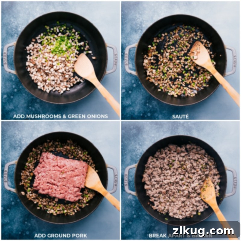 Step-by-step cooking process for the Asian Pork Tacos filling. Sequence of images showing the cooking process: browning diced mushrooms and the white parts of green onions in a skillet, then adding ground pork, and finally stirring to brown the mixture.