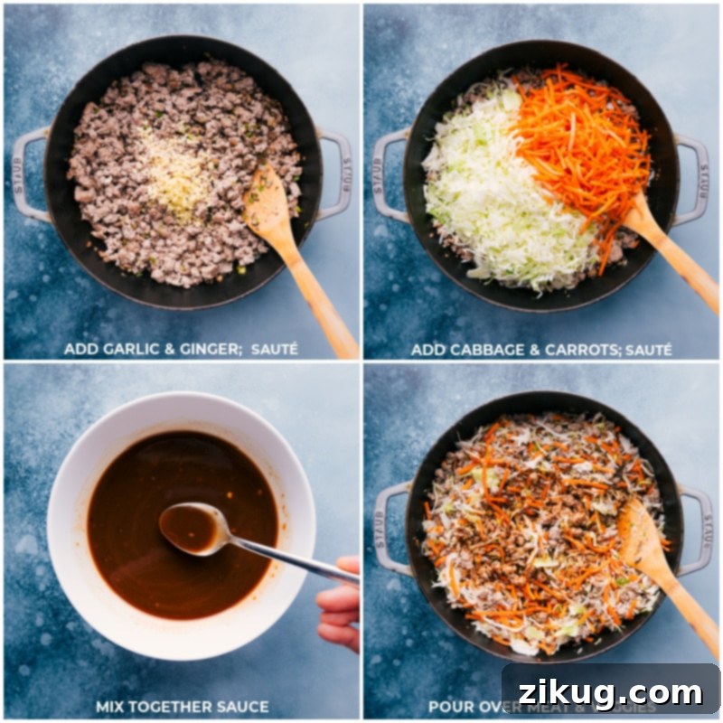 Preparing the stir-fry sauce and adding vegetables to the pork filling. Process shots showing the addition of minced garlic, ginger, shredded cabbage, and matchstick carrots to the pan, followed by an image of the stir-fry sauce ingredients being mixed in a bowl, and finally the sauce being added to the cooked filling in the pan.