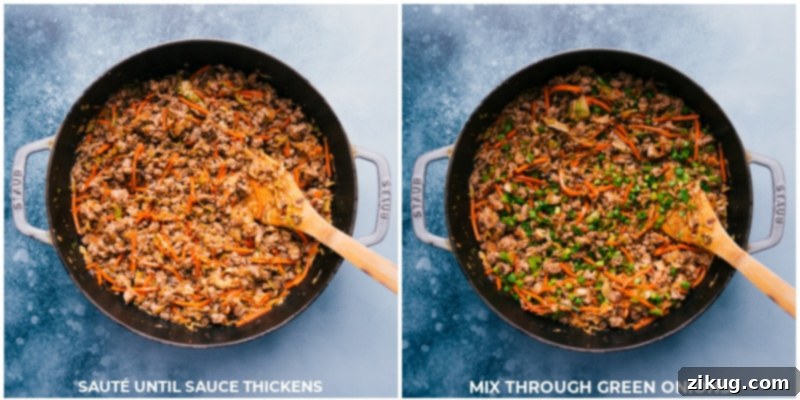Finishing the savory Asian pork filling with thickened sauce and fresh green onions. Process shots showing the stir-fry sauce thickening in the pan with the pork and vegetables, then the final step of stirring in the green onion tops.