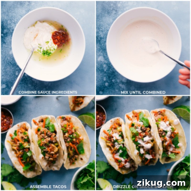 Preparing and serving the delicious spicy mayo sauce for Asian Pork Tacos. Process shots: A bowl of the spicy mayo sauce ingredients being mixed, then an image of the combined sauce, followed by an image of assembled Asian Pork Tacos drizzled with the creamy spicy mayo.