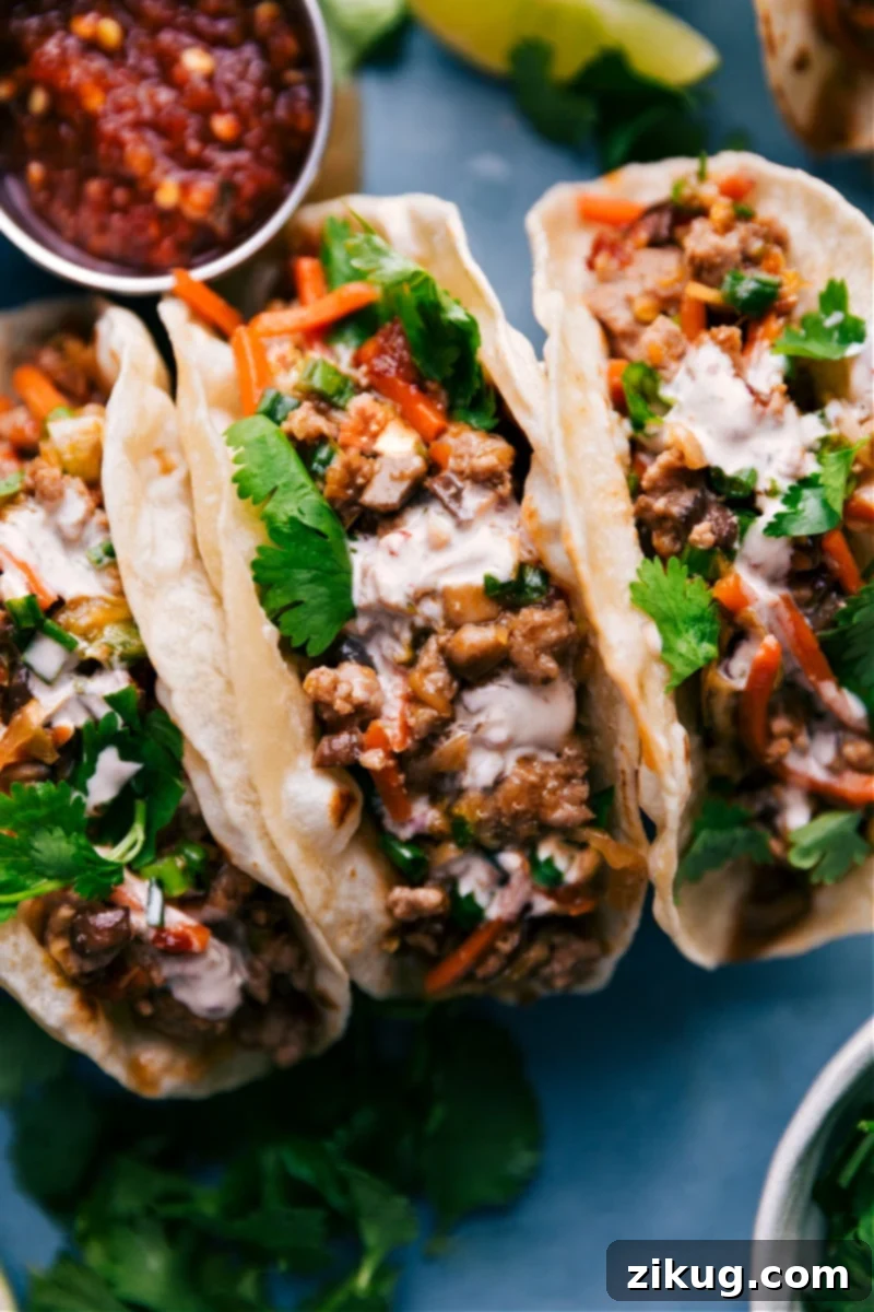 Close-up of a delectable Asian Pork Taco. Close-up shot of a perfectly assembled Asian Pork Taco, showing the rich pork and vegetable filling, vibrant green onions, and a generous drizzle of spicy mayo sauce.