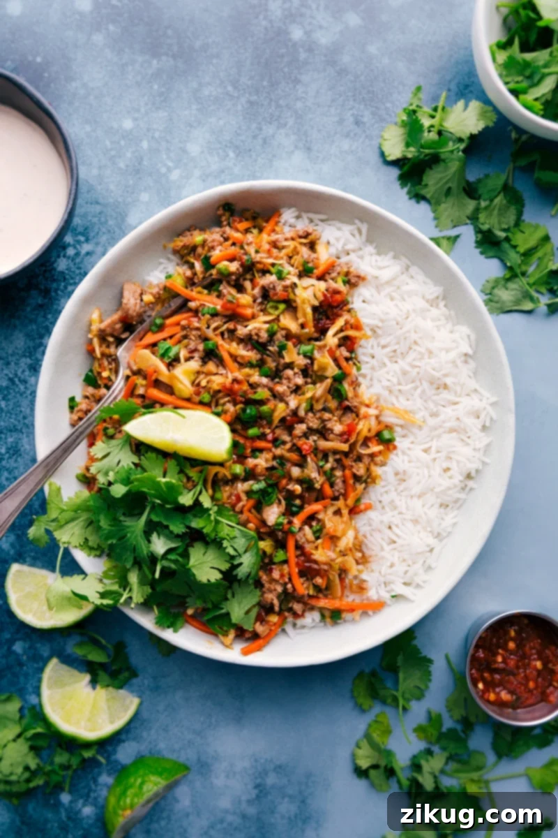 These Ground Turkey Bowls are an explosion of flavor and texture! The sweet and spicy veggie and ground turkey blend is perfect over a bed of steamed rice. And if you're feeling extra, whip together the best spicy mayo sauce for the perfect finishing touch! Recipe via ChelseasMessyApron #dinner #quick #easy #simple #best #fresh #familyfriendly #kidfriendly #groundturkey #bowls Overhead image of the completed Ground Turkey Bowls, showcasing juicy turkey, colorful vegetables, and rice with a drizzle of spicy mayo