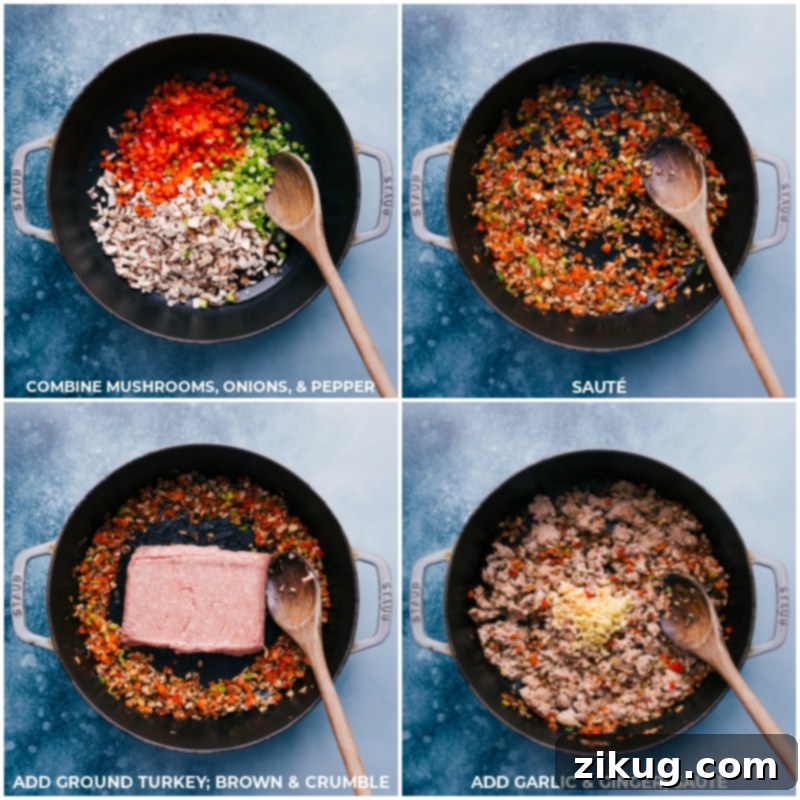 These Ground Turkey Bowls are an explosion of flavor and texture! And if you're feeling extra, whip together the best spicy mayo sauce for the perfect finishing touch! Recipe via ChelseasMessyApron #dinner #quick #easy #simple #best #fresh #familyfriendly #kidfriendly #groundturkey #bowls Process shots showing vegetables being sautéed, ground turkey cooking in a skillet, and garlic and ginger being added to the mix