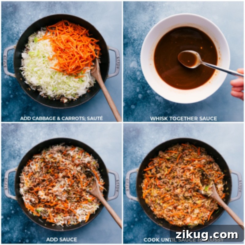 These Ground Turkey Bowls are an explosion of flavor and texture! The sweet and spicy veggie and ground turkey blend is perfect over a bed of steamed rice. And if you're feeling extra, whip together the best spicy mayo sauce for the perfect finishing touch! Recipe via ChelseasMessyApron #dinner #quick #easy #simple #best #fresh #familyfriendly #kidfriendly #groundturkey #bowls Process shots showing shredded cabbage and matchstick carrots being added and cooked, the stir-fry sauce being whisked, and all ingredients combined in the pan