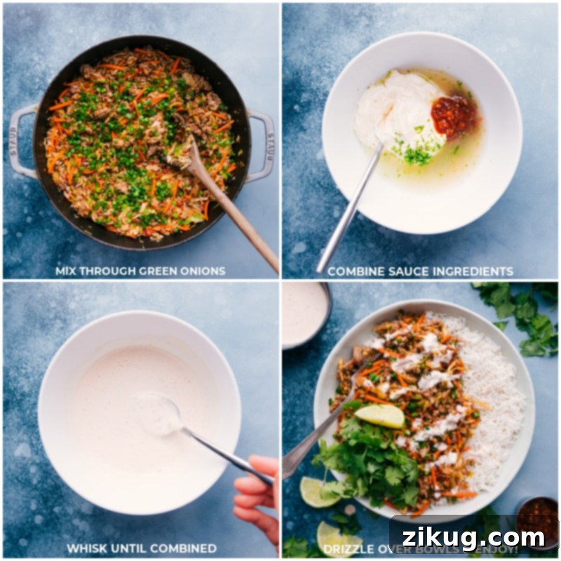 These Ground Turkey Bowls are an explosion of flavor and texture! The sweet and spicy veggie and ground turkey blend is perfect over a bed of steamed rice. Recipe via ChelseasMessyApron #dinner #quick #easy #simple #best #fresh #familyfriendly #kidfriendly #groundturkey #bowls Process shots demonstrating the stir-fry sauce being whisked together, followed by it being generously drizzled over a prepared Ground Turkey Bowl