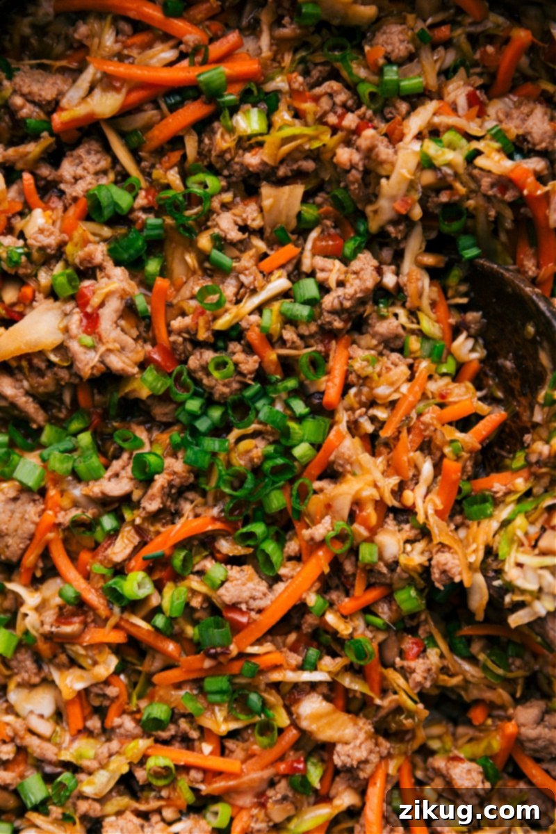 Ground Turkey Bowls are an explosion of flavor and texture! The sweet and spicy veggie and ground turkey blend is perfect over a bed of steamed rice. And if you're feeling extra, whip together the best spicy mayo sauce for the perfect finishing touch! Recipe via ChelseasMessyApron #dinner #quick #easy #simple #best #fresh #familyfriendly #kidfriendly #groundturkey #bowls Up-close overhead image of a ready-to-eat Ground Turkey Bowl, beautifully plated and garnished