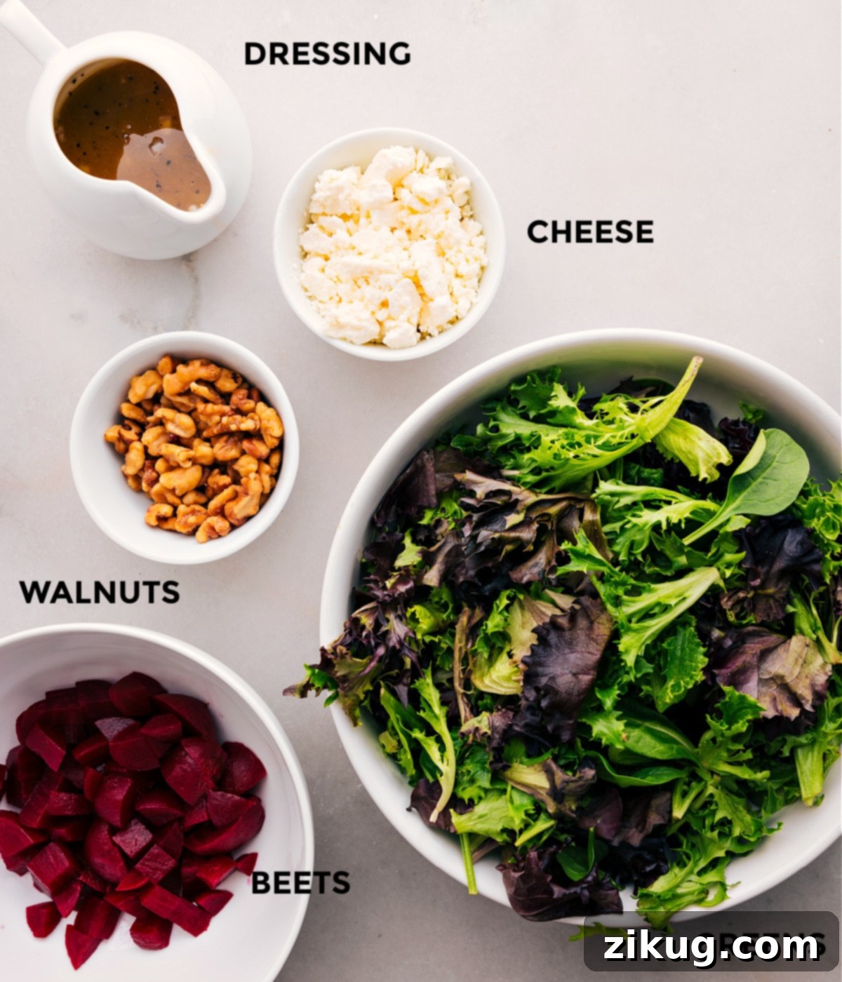 Prepped Ingredients for the Ultimate Beet Goat Cheese Walnut Salad All the vibrant ingredients for beet goat cheese walnut salad—greens, cheese, walnuts, and beets—beautifully prepped and ready for easy assembly.