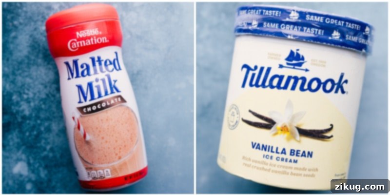 Ingredient shot showing vanilla bean ice cream and malted milk powder, key components for the perfect malted milkshake