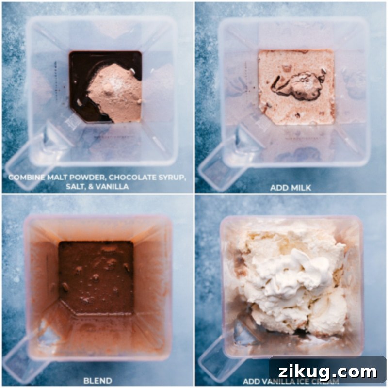 Process shots of Malted Milkshake showing all the ingredients being added to a high-powered blender