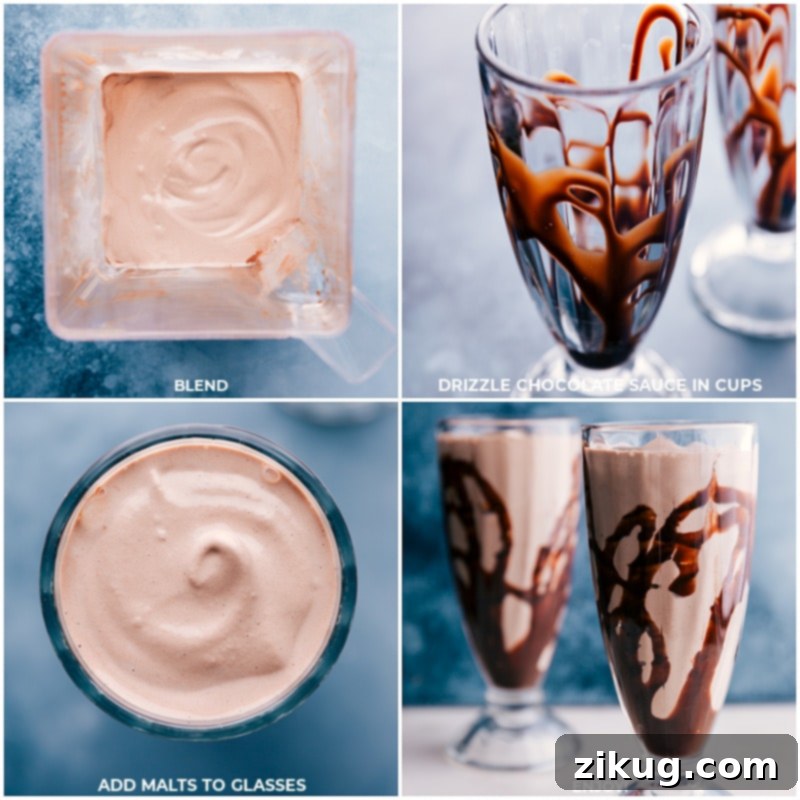 Process shots showing the malted milkshake being blended together and then carefully poured into a chocolate-drizzled glass