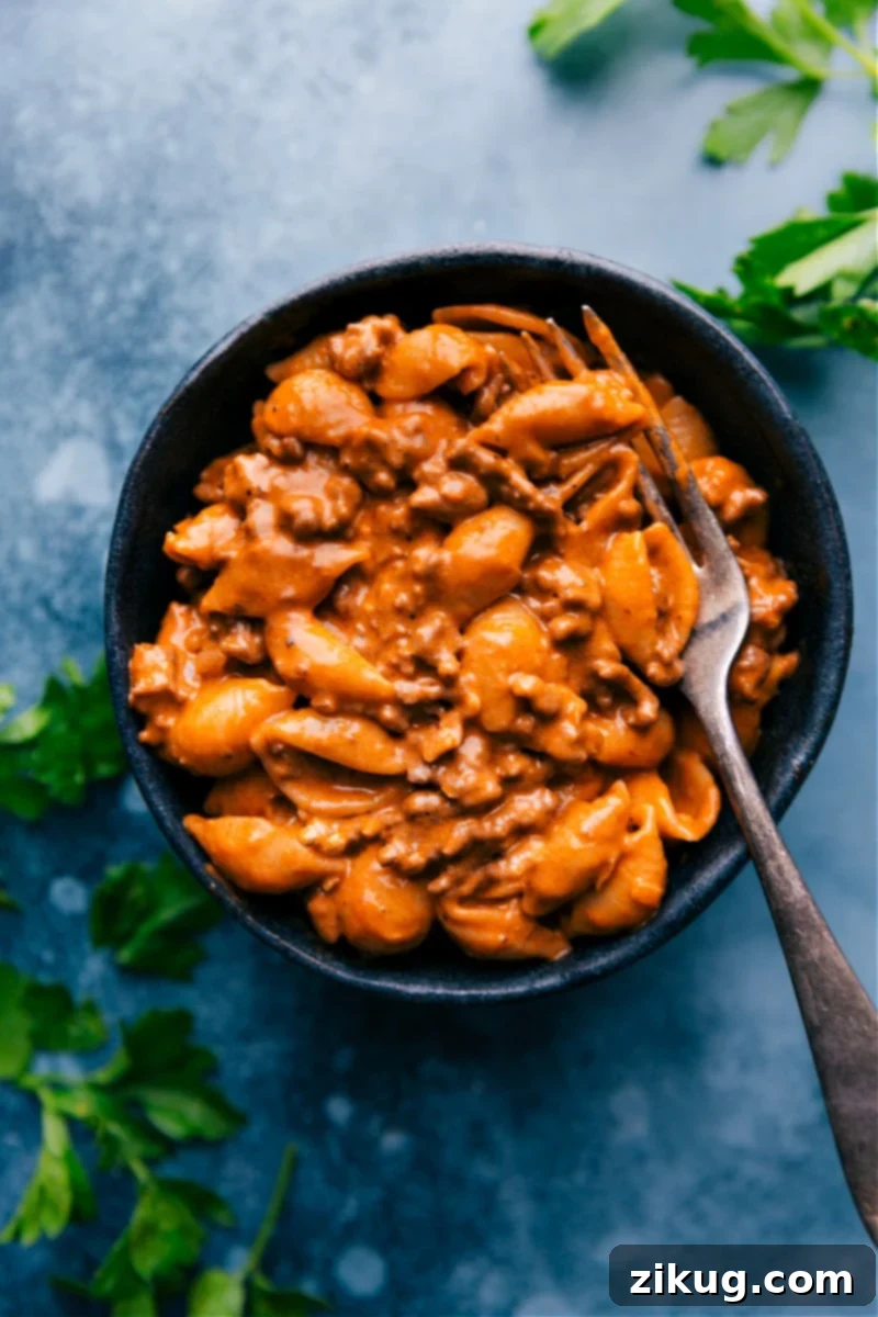 Creamy Beef and Shells: A delicious, quick, and easy upgrade to your childhood favorite Hamburger Helper meal. Rich, creamy, and packed with flavor from perfectly seasoned ground beef and melty cheese. The perfect comforting family dinner ready in 30 minutes or less! Overhead image of Creamy Beef and Shells in a bowl, garnished with fresh herbs and ready to be served.
