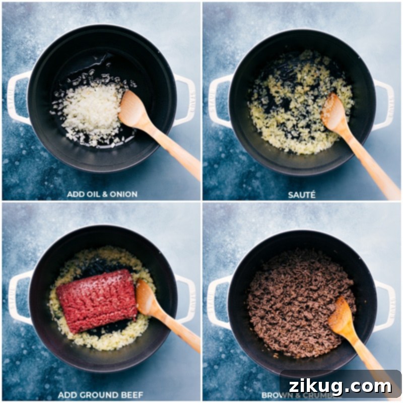 Detailed process of browning ground beef and onions for the Creamy Beef and Shells recipe, highlighting essential steps for flavor development and a hearty base. Process shots: Sautéing finely diced yellow onion until softened, then browning lean ground beef in a large pot for the Creamy Beef and Shells recipe.