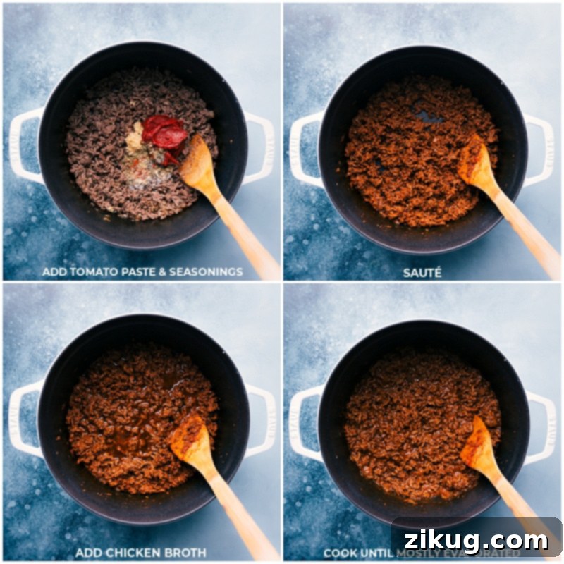 Key steps in building the rich, flavorful sauce: incorporating tomato paste and a robust spice blend into the ground beef mixture, followed by simmering with chicken broth to deepen the flavors. Process shots: Adding concentrated tomato paste, a blend of savory seasonings, and reduced-sodium chicken broth to the browned ground beef and onions mixture for the Creamy Beef and Shells.