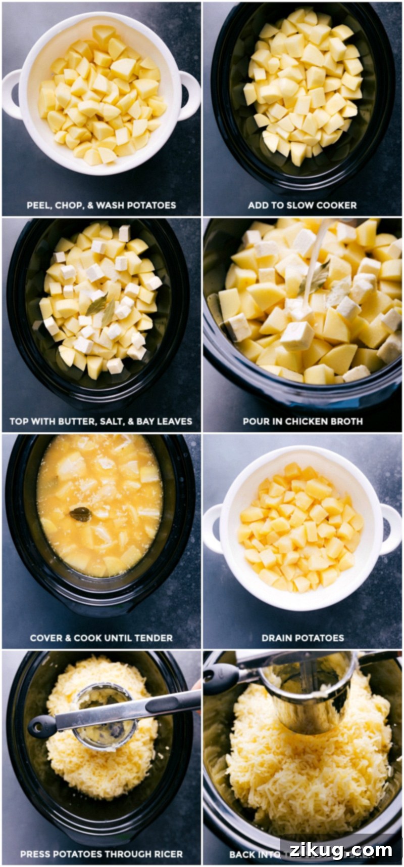 Preparing Creamy Crockpot Mashed Potatoes: Cooking and Ricing Process Chopped potatoes being added to a slow cooker with butter, salt, bay leaves, and chicken broth, then cooked, drained, pressed through a ricer, and returned to cooker.
