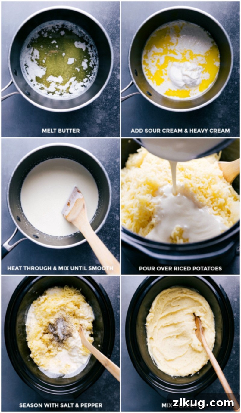 Finishing Creamy Mashed Potatoes: Adding Cream Sauce and Seasoning Cream sauce being prepared and added to mashed potatoes, seasoned with salt and pepper, mixed together and ready to serve.