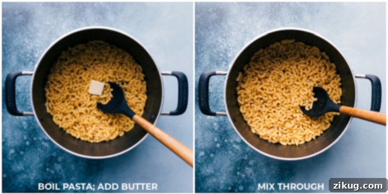 Craft the best Baked Mac and Cheese with this simple and quick recipe. It’s incredibly creamy, cheesy, and rich with the perfect blend of cheeses and a satisfying crispy topping. A family-friendly comfort food from ChelseasMessyApron. #dinner #quick #easy #simple #comfortfood #familyfriendly #creamy #kidfriendly #baked #macandcheese Process shots-- images of the pasta and butter being added to a pot