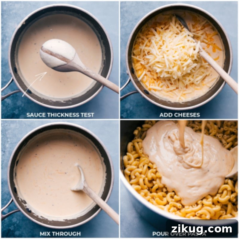 Discover the best Baked Mac and Cheese ever – unbelievably creamy, cheesy, and rich with the perfect blend of cheeses and the ultimate crispy topping. This simple recipe from ChelseasMessyApron requires no all-day cooking. #dinner #quick #easy #simple #comfortfood #familyfriendly #creamy #kidfriendly #baked #macandcheese Process shots-- adding the cheese to the cream mixture and then pouring it over pasta