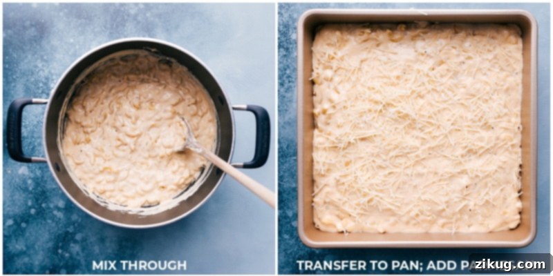 This Baked Mac and Cheese is ridiculously creamy, cheesy, and rich with the perfect blend of cheeses and the ultimate crispy topping! Plus, it's not a recipe you need to slave over all day! Recipe via ChelseasMessyApron #dinner #quick #easy #simple #comfortfood #familyfriendly #creamy #kidfriendly #baked #macandcheese Process shots--mixing everything together and transferring it to the pan, where it is sprinkled with Parmesan cheese