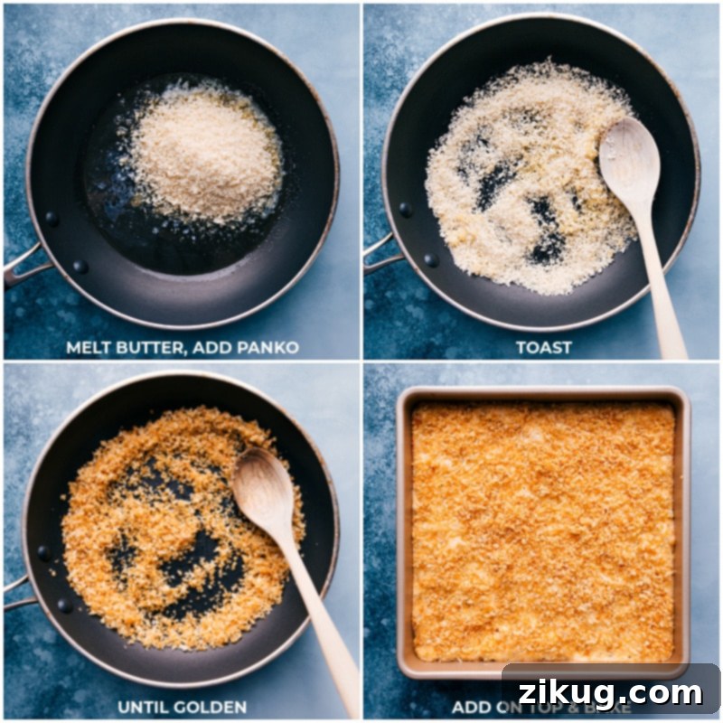 This Baked Mac and Cheese is ridiculously creamy, cheesy, and rich with the perfect blend of cheeses and the ultimate crispy topping! Plus, it's not a recipe you need to slave over all day -- we've made it as simple as possible! Recipe via ChelseasMessyApron #dinner #quick #easy #simple #comfortfood #familyfriendly #creamy #kidfriendly #baked #macandcheese Process shots of Baked Mac and Cheese-- images of the Panko topping being toasted and added to the dish