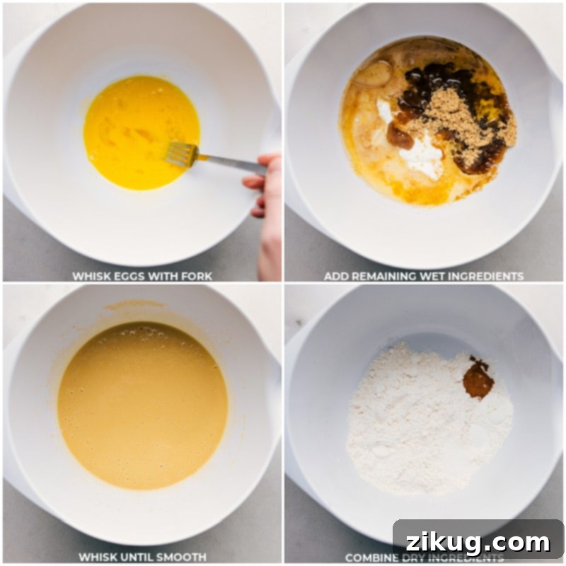 A visual guide showing wet and dry ingredients prepared in separate mixing bowls, ready to be combined for the perfect mini muffin batter.