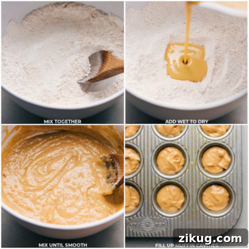 The process of making mini muffins, from combining wet and dry ingredients to carefully spooning the rich batter into a mini muffin tin.