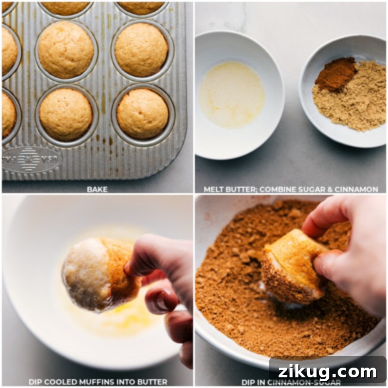 Freshly baked mini muffins cooling on a rack, with a close-up of a muffin being dipped in melted butter and then cinnamon sugar for an irresistible finish.