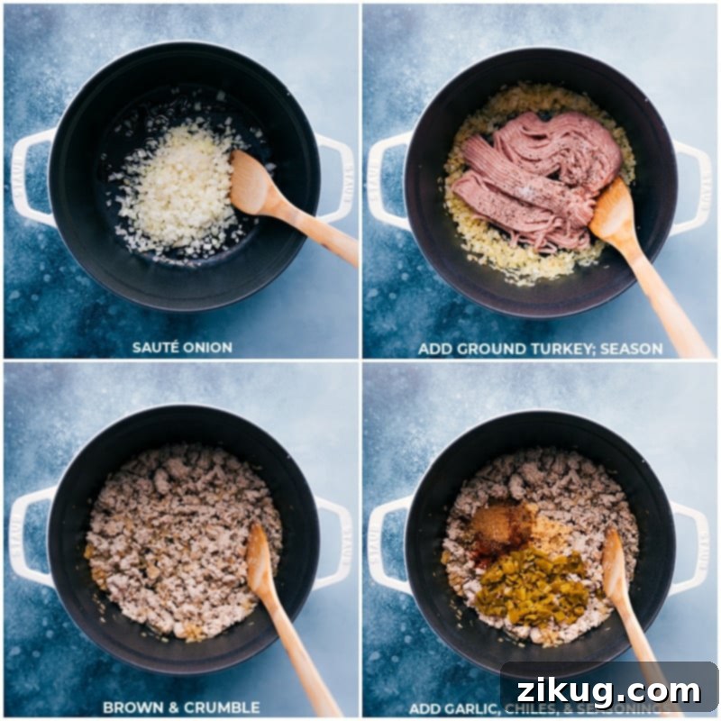 Process shots: Sautéing the onion and ground turkey together in a pot, followed by adding a medley of seasonings.