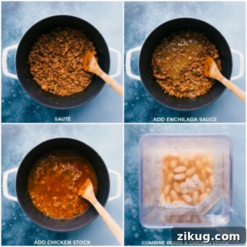 Process shots: Adding green enchilada sauce and chicken stock to the pot, then preparing to blend some of the white beans to thicken the chili.