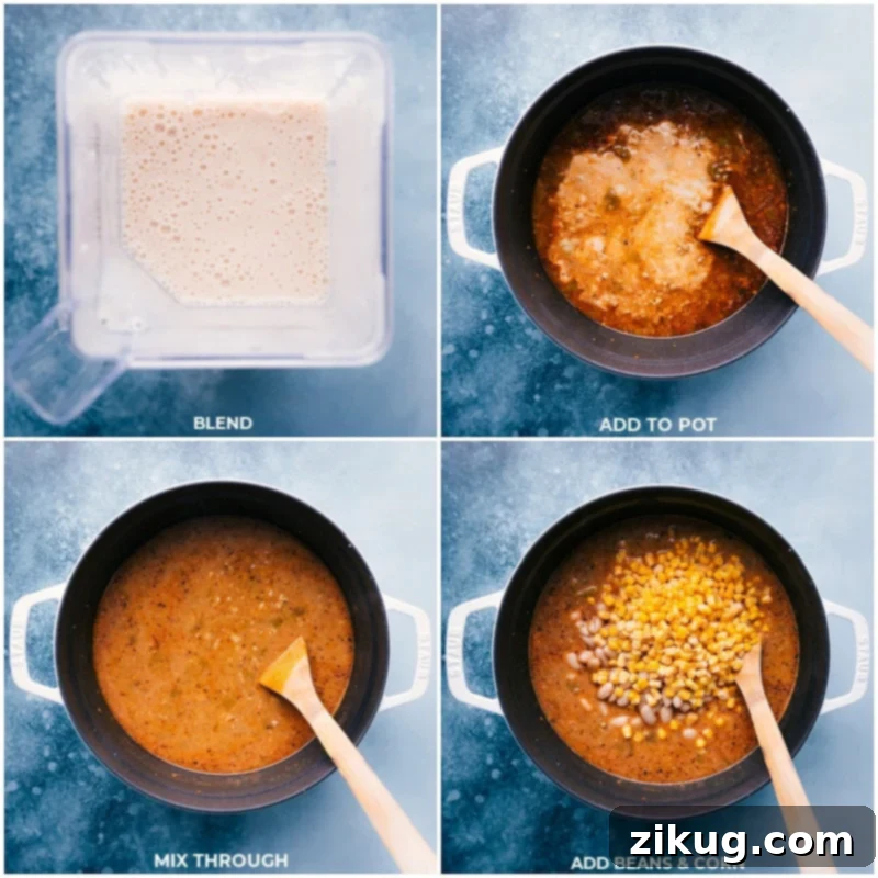 Process shots: Blending the white beans with chicken stock, then adding the mixture to the pot, followed by adding the remaining beans and corn.