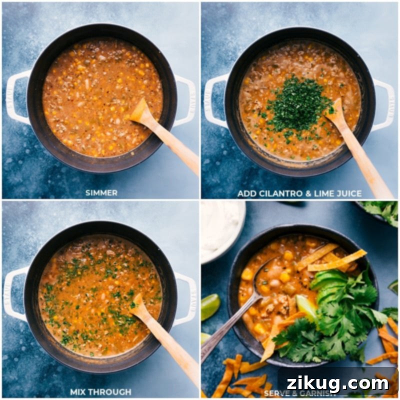 Simmer the white turkey chili in a large pot, then add fresh cilantro and lime juice, mix well and prepare to serve with an array of delicious toppings.