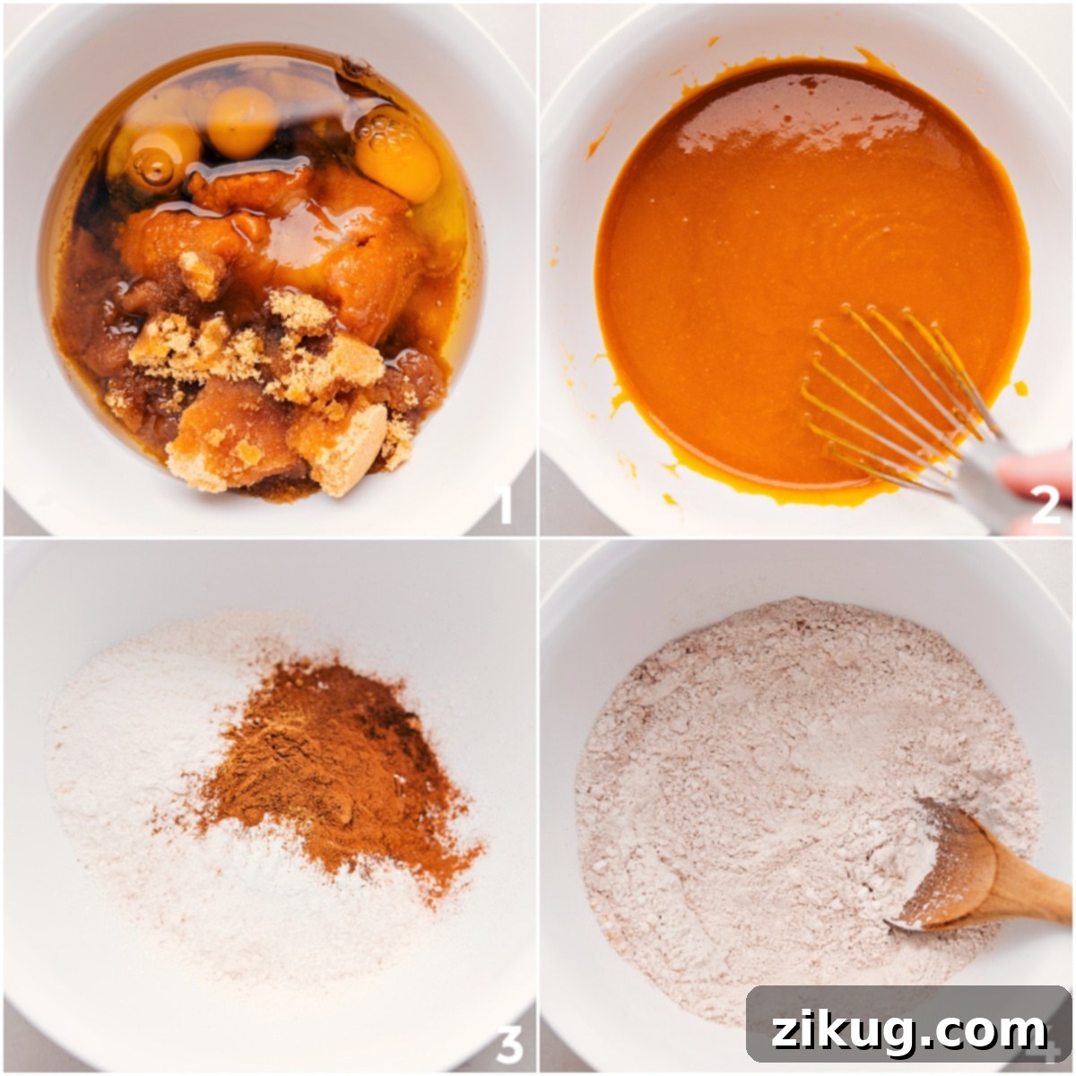 Two images side by side: one showing wet ingredients being whisked, and the other dry ingredients being combined, for simple pumpkin bars.