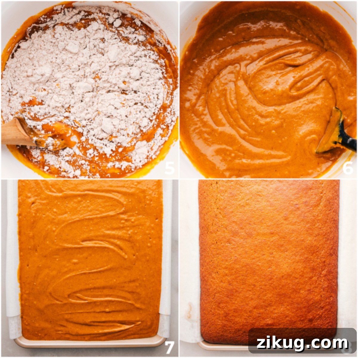 A sequence of images showing the process of mixing wet and dry ingredients, spreading the batter in a pan, and the finished baked pumpkin bars.