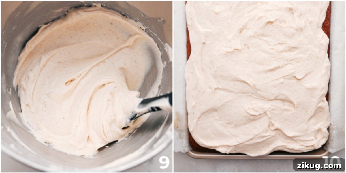 Cream cheese frosting being mixed in a bowl and then spread evenly over baked pumpkin bars.
