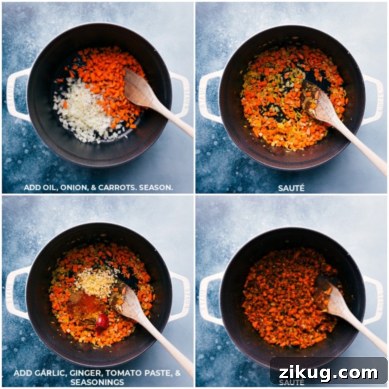 Process shots showing oil, onion, carrots, garlic, ginger, tomato paste, and seasonings being sautéed in a pot for the chickpea soup.