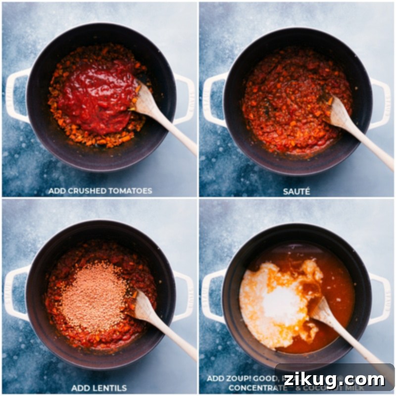 Process shots showing crushed tomatoes, lentils, vegetable broth, and coconut milk being added to the chickpea soup base.