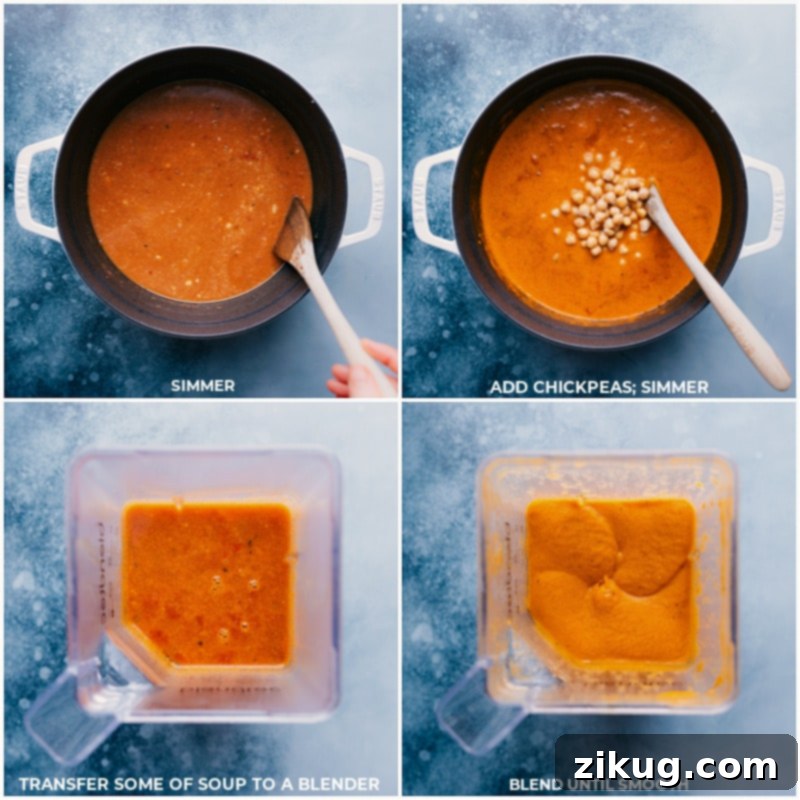 Process shots of the chickpea soup, showing chickpeas being added and then some of the soup being blended for a creamy texture.