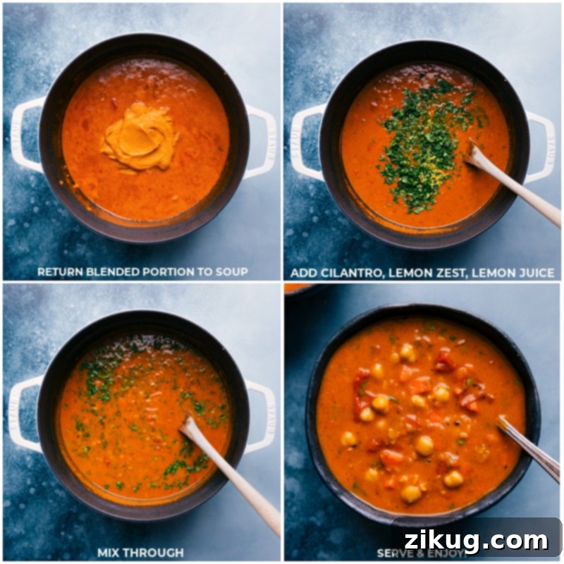 Process shots showing fresh cilantro, lemon zest, and lemon juice being added and mixed into the finished chickpea soup.