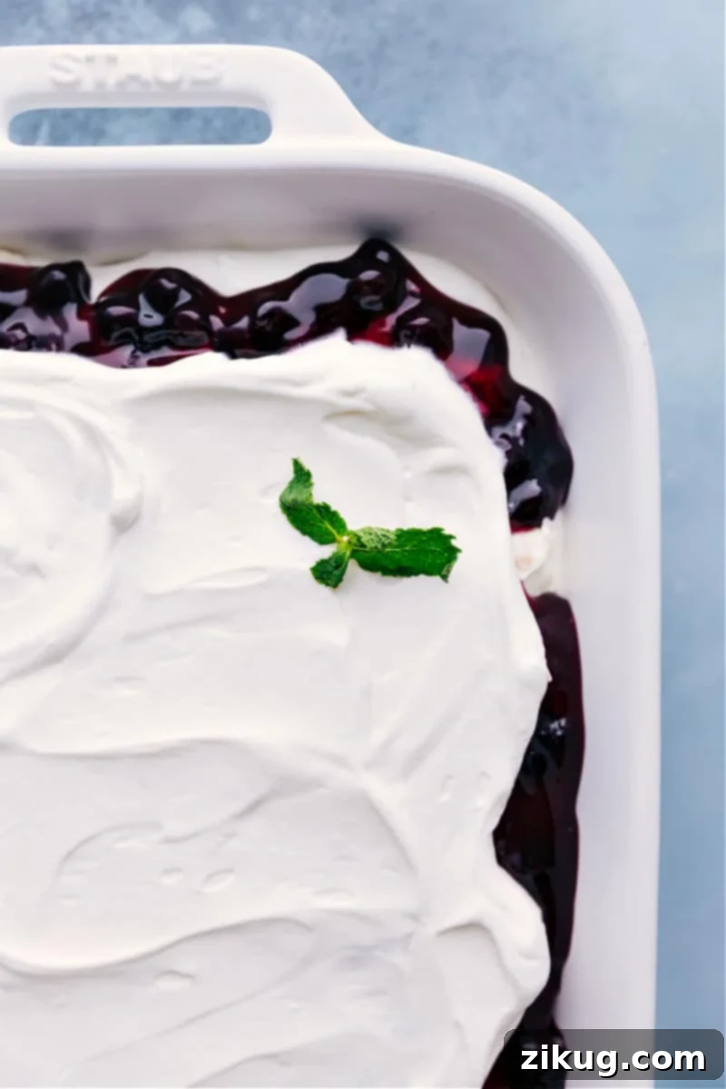 Close-up of the beautiful layers of Blueberry Trifle. Closeup view of Blueberries and Cream Cake Trifle