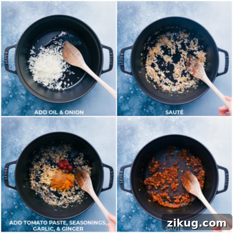 Step-by-step cooking process: A pan on the stove shows diced onion sautéing in oil, followed by the addition of tomato paste and various spices, stirred to develop deep flavors.