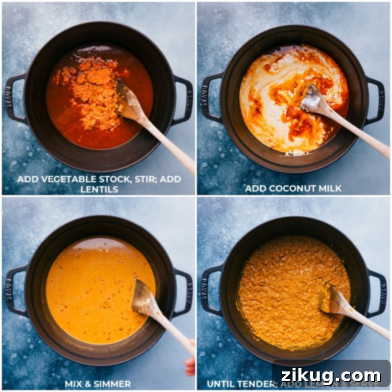 Process shots of Daal cooking: Vegetable stock is poured into a pan, followed by rinsed red lentils, then a can of full-fat coconut milk. The mixture is stirred and gently simmered until tender.