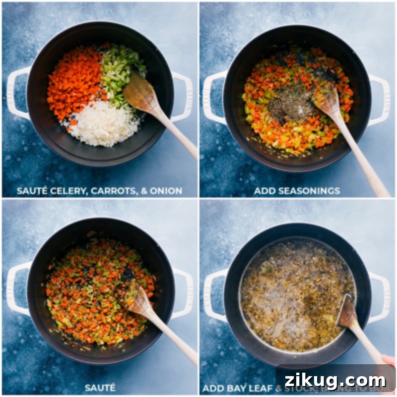Garden Noodle Harmony 3 Process shots showing how to make vegetable noodle soup: sautéing celery, carrots, and onion; adding seasonings; then pouring in stock with a bay leaf, bringing to a boil.