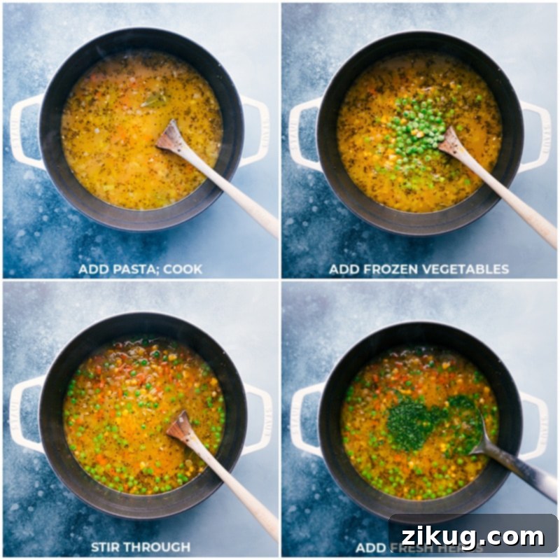 Garden Noodle Harmony 4 Process shots of the vegetable noodle soup: adding pasta to the pan; stirring in frozen vegetables; and garnishing with fresh herbs.