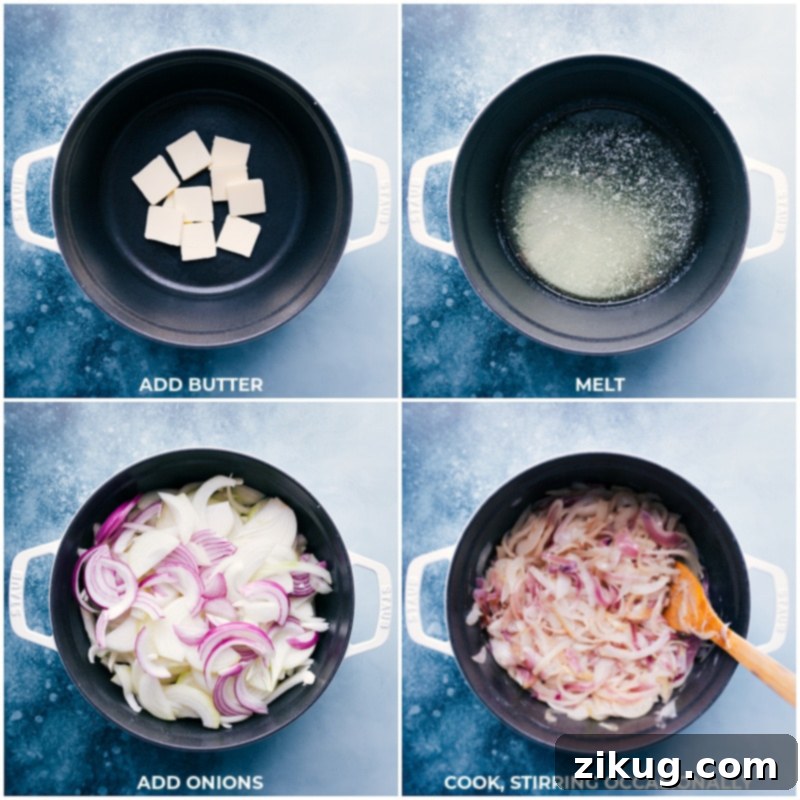 The soup gets topped with croutons that have been topped with melted cheese. Recipe via ChelseasMessyApron #dinner #quick #easy #soup #best #appetizer #bread #French #onion #soup Process shots of the French onion soup-- images of the butter and onions being added and it all being cooked together
