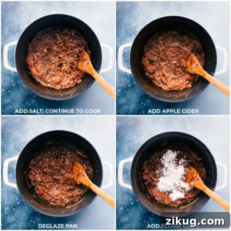 This delicious French Onion Soup combines perfectly caramelized onions in a rich broth. The soup gets topped with croutons that have been topped with melted cheese. Recipe via ChelseasMessyApron #dinner #quick #easy #soup #best #appetizer #bread #French #onion #soup Process shots-- images of the salt, apple cider, and flour being added and it all being cooked together
