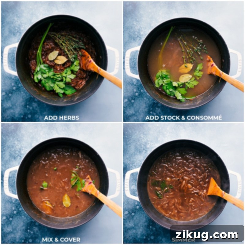 Our favorite French Onion Soup combines perfectly caramelized onions in a rich broth. The soup gets topped with croutons that have been topped with melted cheese. Recipe via ChelseasMessyApron #dinner #quick #easy #soup #best #appetizer #bread #French #onion #soup Process shots of French onion soup-- images of the herbs, stock, and consommé being added and it all simmering together