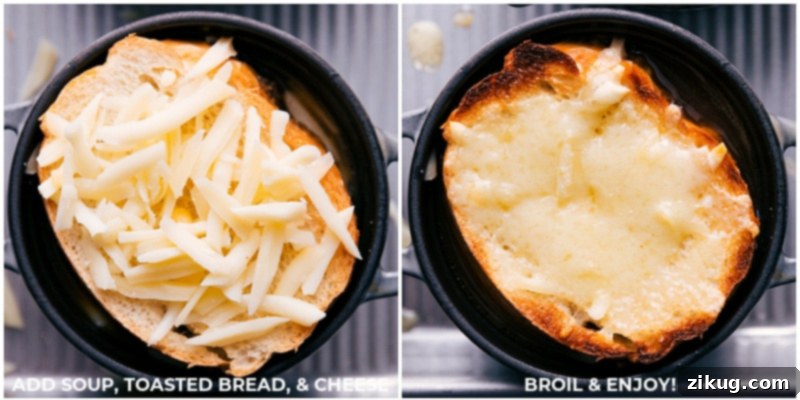 This French Onion Soup combines perfectly caramelized onions in a rich delicious broth. The soup gets topped with croutons that have been topped with melted cheese. Recipe via ChelseasMessyApron #dinner #quick #easy #soup #best #appetizer #bread #French #onion #soup Process shots-- images of the bread, cheese, and soup being added on top of the French onion soup