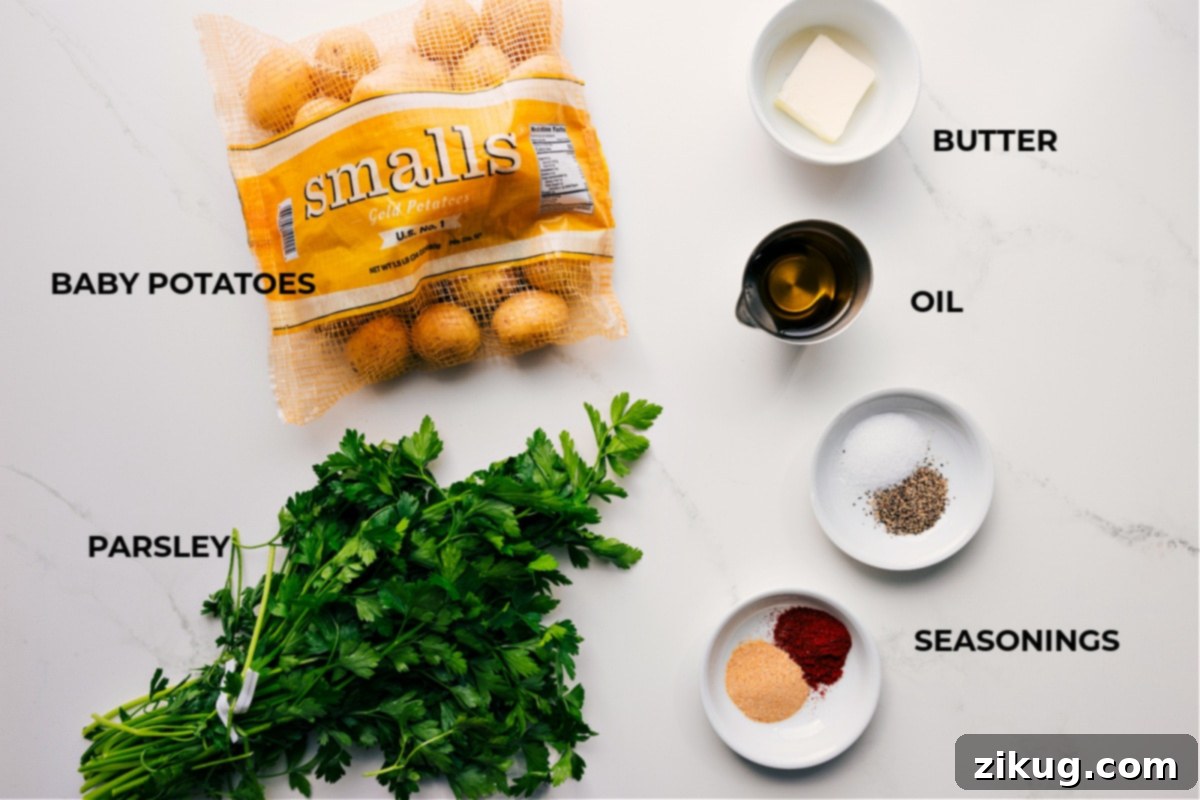 A vibrant display of fresh ingredients for Smashed Potatoes, including baby potatoes, chopped parsley, melted butter, olive oil, and a selection of aromatic seasonings, all prepped for easy assembly.