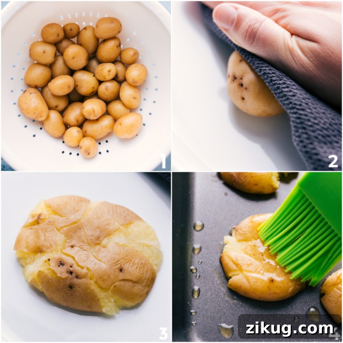 A visual guide showing the progression of potatoes from washed and boiled, to perfectly smashed, then generously oiled and seasoned, ready for roasting in this easy Smashed Potatoes Recipe.