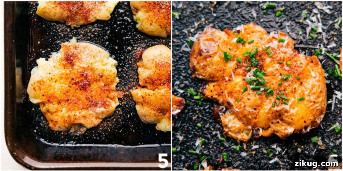 Perfectly seasoned Smashed Potatoes, golden and crispy, garnished with freshly grated Parmesan cheese and chopped chives, hot and ready to serve.