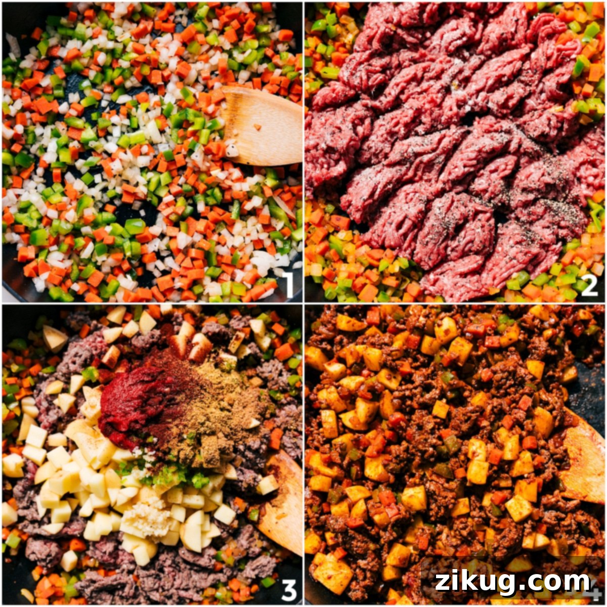How To Make Mexican Picadillo - Step-by-Step Guide The step-by-step process of making Mexican Picadillo: first, the vibrant veggies are sautéed until tender, then the lean ground beef is browned to perfection, followed by the addition of rich seasonings and savory tomato paste, and finally, everything is combined and cooked together to create a harmonious and flavorful Mexican Picadillo.